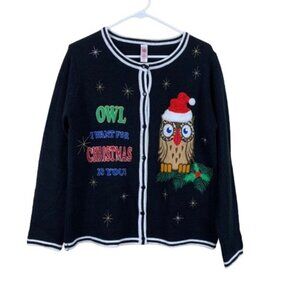 VTG Y2K 90s “Owl I Want for Christmas”  Ugly Christmas Sweater Cardigan M Twee R
